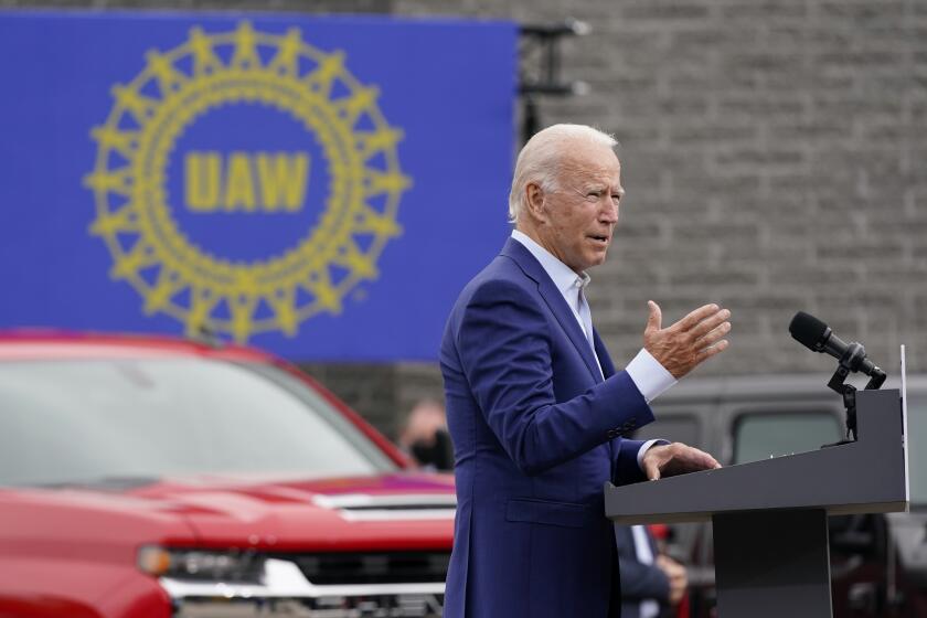 Democratic presidential candidate former Vice President Joe Biden speaks at a campaign event on manufacturing and buying American-made products at UAW Region 1 headquarters in Warren, Mich., Wednesday, Sept. 9, 2020. (AP Photo/Patrick Semansky)