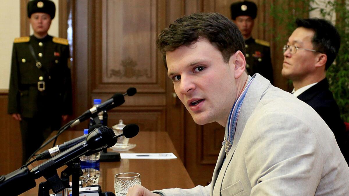 American student Otto Warmbier speaks as he is presented to reporters in Pyongyang on Feb. 29, 2016.