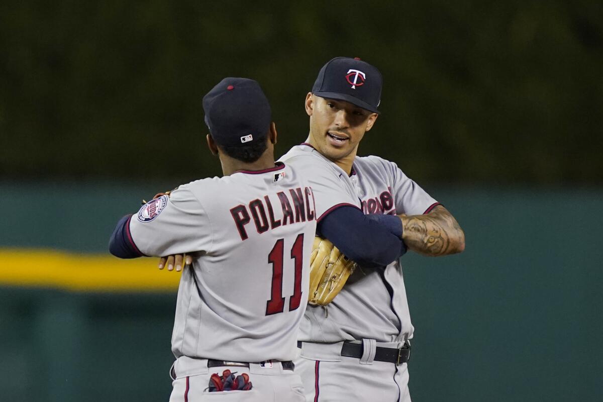 Carlos Correa of the Minnesota Twins reacts after striking out