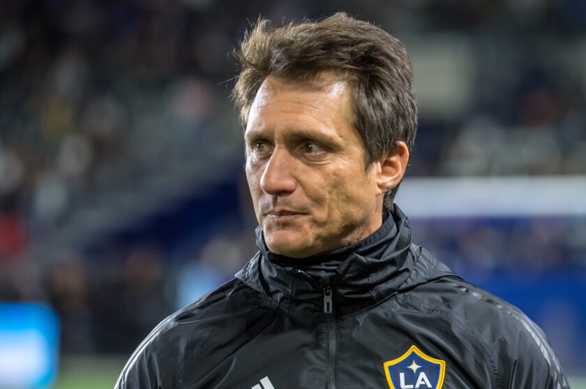 Galaxy coach Guillermo Schelotto looks on during a friendly match against Toronto FC in February.
