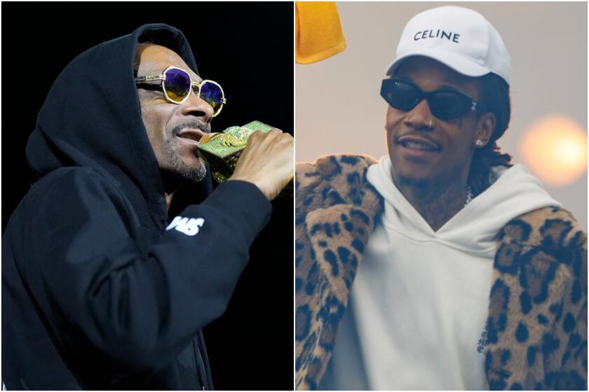 A split image of a man wearing sunglasses and black hoodie holding a mic, and another man wearing sunglasses and a white hat