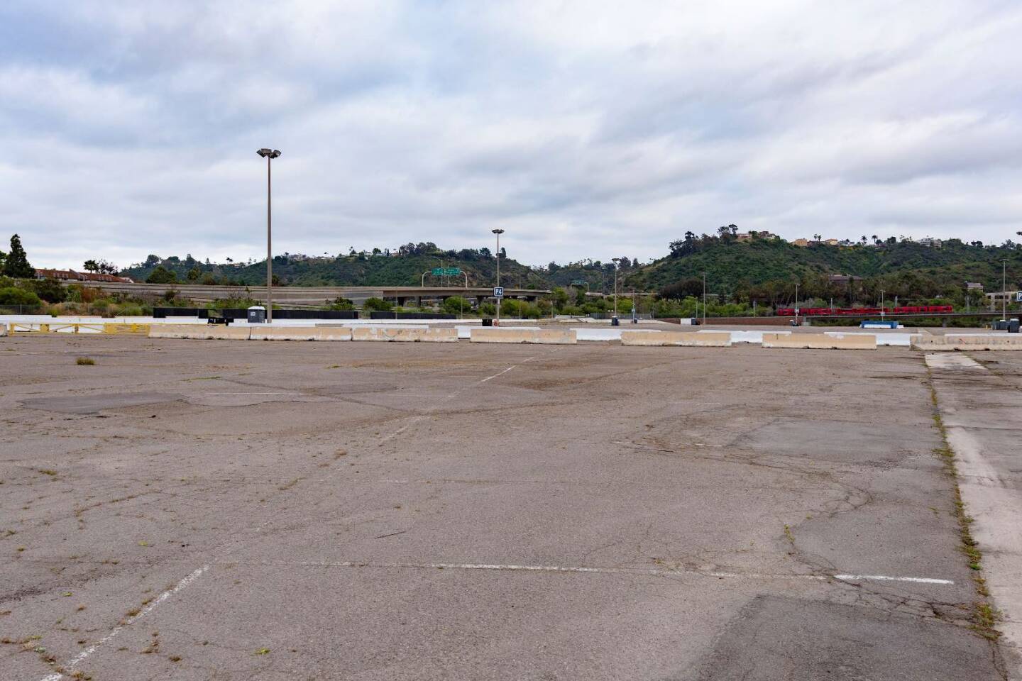 A view of the existing parking lot, facing southeast toward Interstate 15.