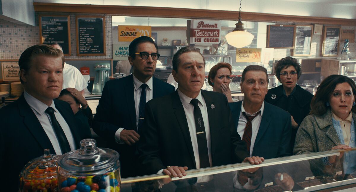 (L-R) Jesse Plemons, Ray Romano, Robert De Niro, and Al Pacino in "The Irishman."