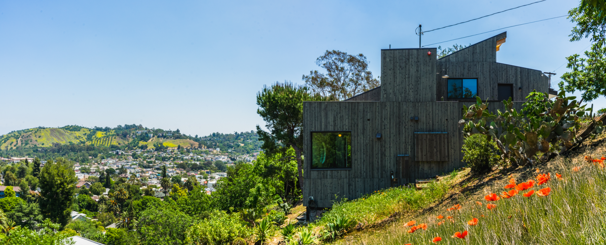 A house with charred wood siding built on a hill