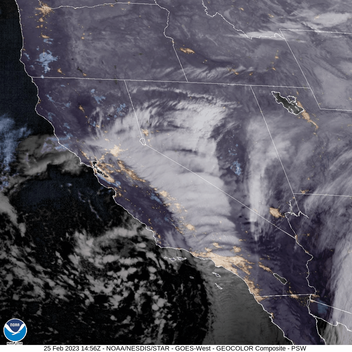An animated satellite image of clouds moving over California.