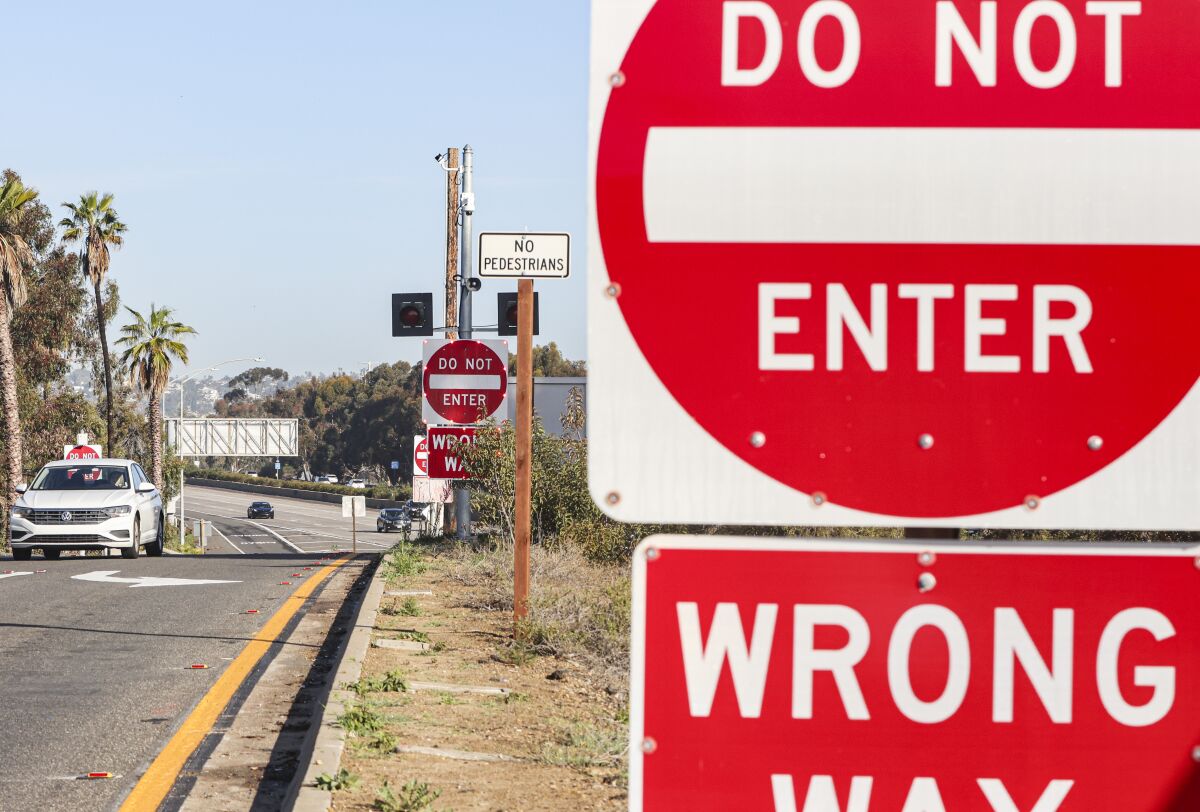 The sign at the exit ramp from southbound Interstate 5 at Sea World Drive is aimed at drivers coming from the opposite direction.