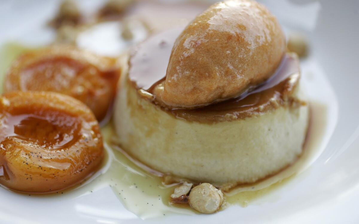 Hazelnut flan with roasted apricots and roasted apricot sorbet