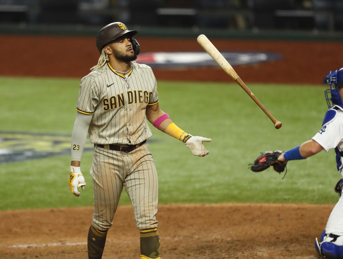 Fernando Tatis Jr. of the San Diego Padres strikes out in the 8th