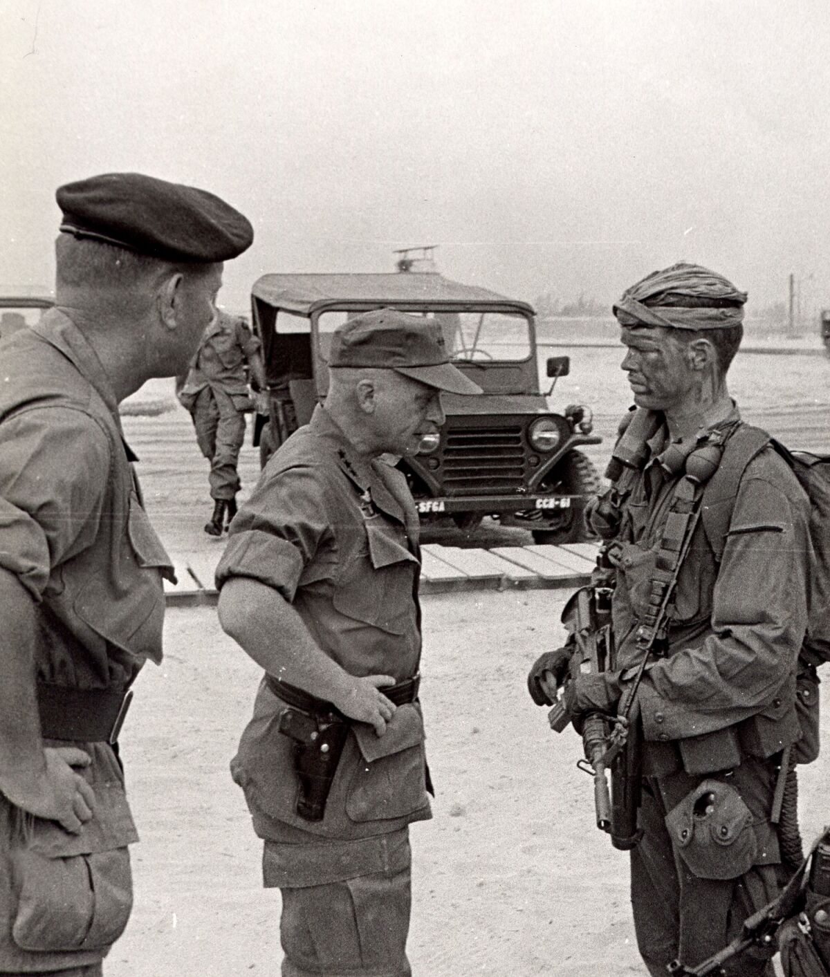 L-R: Col. Jack Isler, commander at Da Nang secret base, April 1969; Lt. Gen. Richard Stilwell, team leader John S. Meyer.