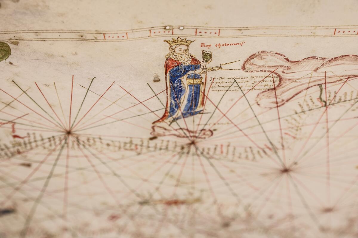 A detail view of a rare 14th century portolan chart.