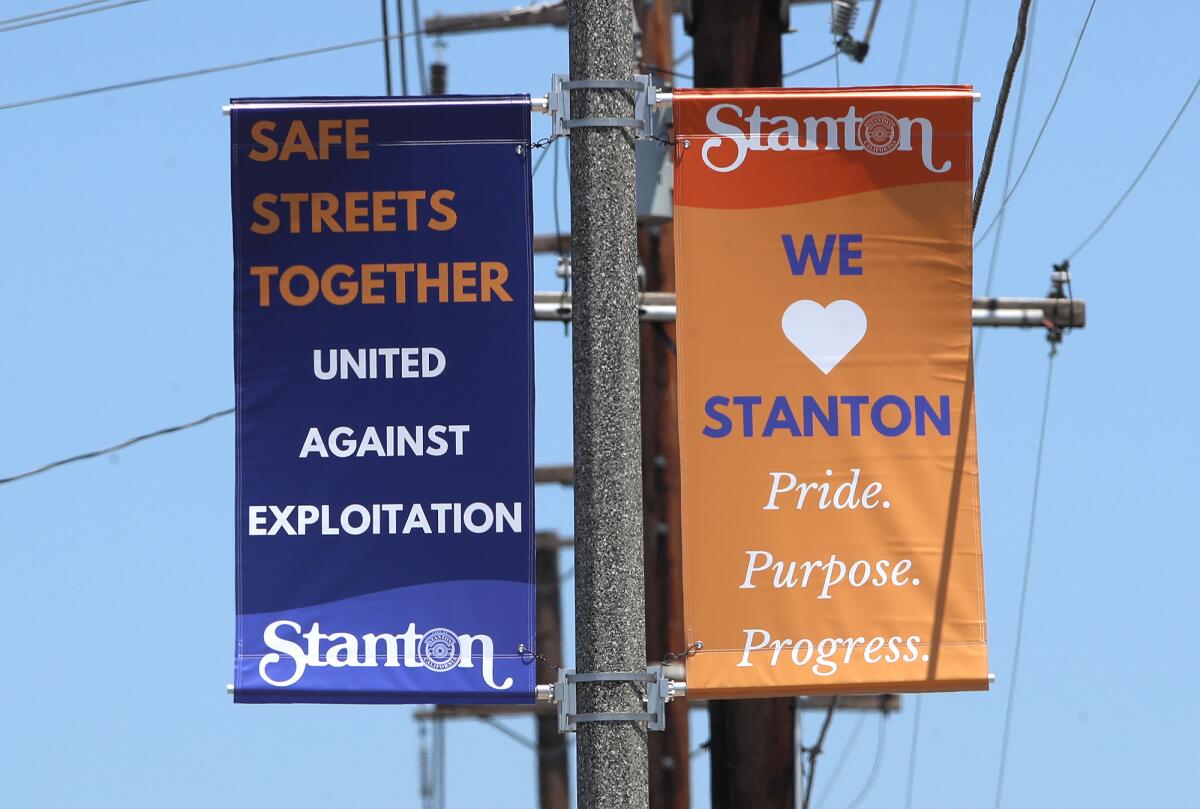 Safe Streets banners hang along Beach Boulevard in Stanton. They herald a campaign to combat sex trafficking.