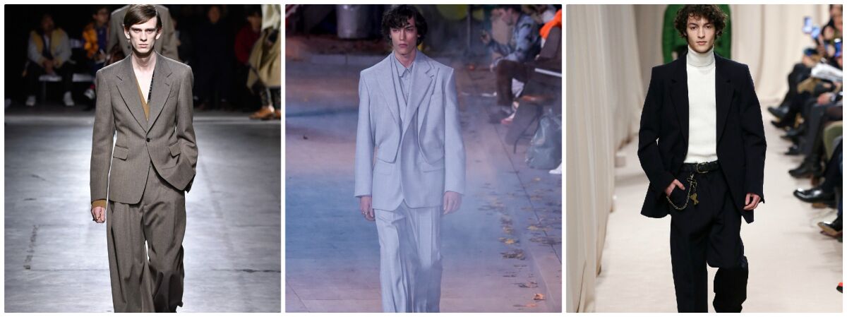 The suit, which has fallen out of favor in recent years thanks to the explosive rise of streetwear, is in the midst of a revival. From left, looks from Dries Van Noten, Louis Vuitton and AMI Mattiussi.