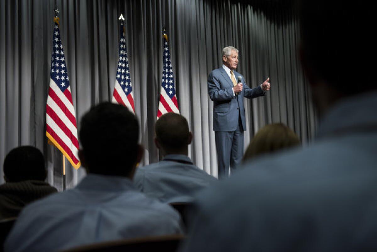 Secretary of Defense Chuck Hagel speaks about furloughs during a town-hall-style meeting at the Department of Defense's Mark Center in Alexandria, Va.