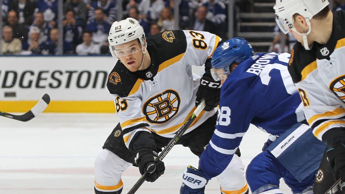 Bruins forward Karson Kuhlman will see action for the first time since April 30, Boston coach Bruce Cassidy said Sunday morning.