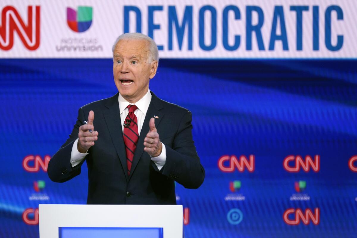 Former Vice President Joe Biden participates in a Democratic presidential primary debate on March 15. 