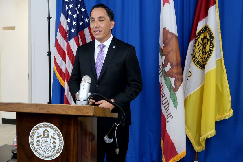 San Diego Mayor Todd Gloria gives his inauguration address during a virtual ceremony. Gloria is the first person of color or LGBTQ person to be elected as San Diego mayor.