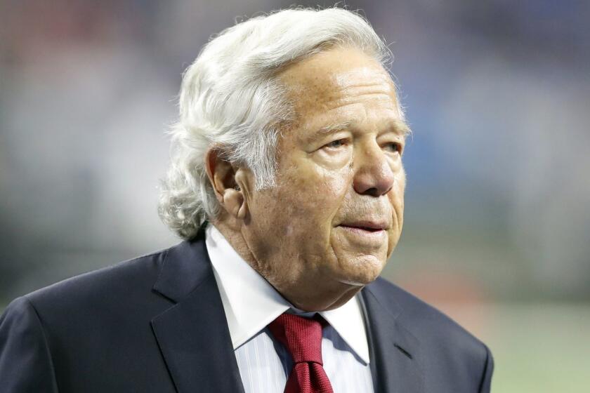 FILE - In this Sept. 23, 2018, file photo, New England Patriots owner Robert Kraft walks on the sidelines before an NFL football game against the Detroit Lions in Detroit. Kraft has pleaded not guilty to two counts of misdemeanor solicitation of prostitution. Krafts attorney Jack Goldberger filed the written plea in Palm Beach County, Fla., court documents released Thursday, Feb. 28, 2019. The 77-year-old Kraft is requesting a non-jury trial. (AP Photo/Carlos Osorio, File)