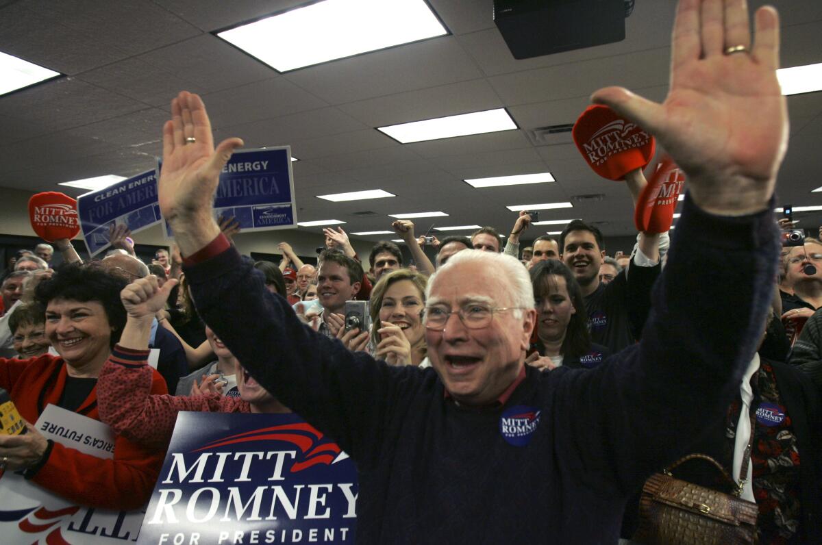 The Rev. Louis Sheldon cheers at a Mitt Romney campaign stop in Las Vegas in 2008