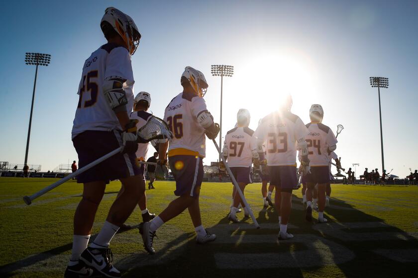 San Diego, CA - June 27: Haudenosaunee players walk out for warmups before playing China during the World Lacrosse Championships at SDSU Sports Deck on Tuesday, June 27, 2023 in San Diego, CA. (Meg McLaughlin / The San Diego Union-Tribune)
