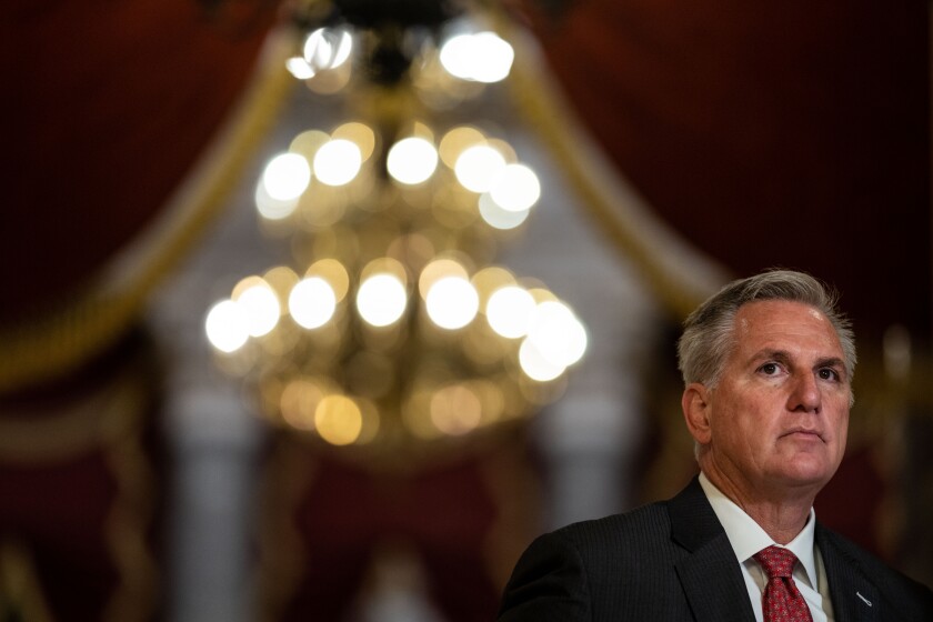 Kevin McCarthy during a TV interview with a chandelier in the background