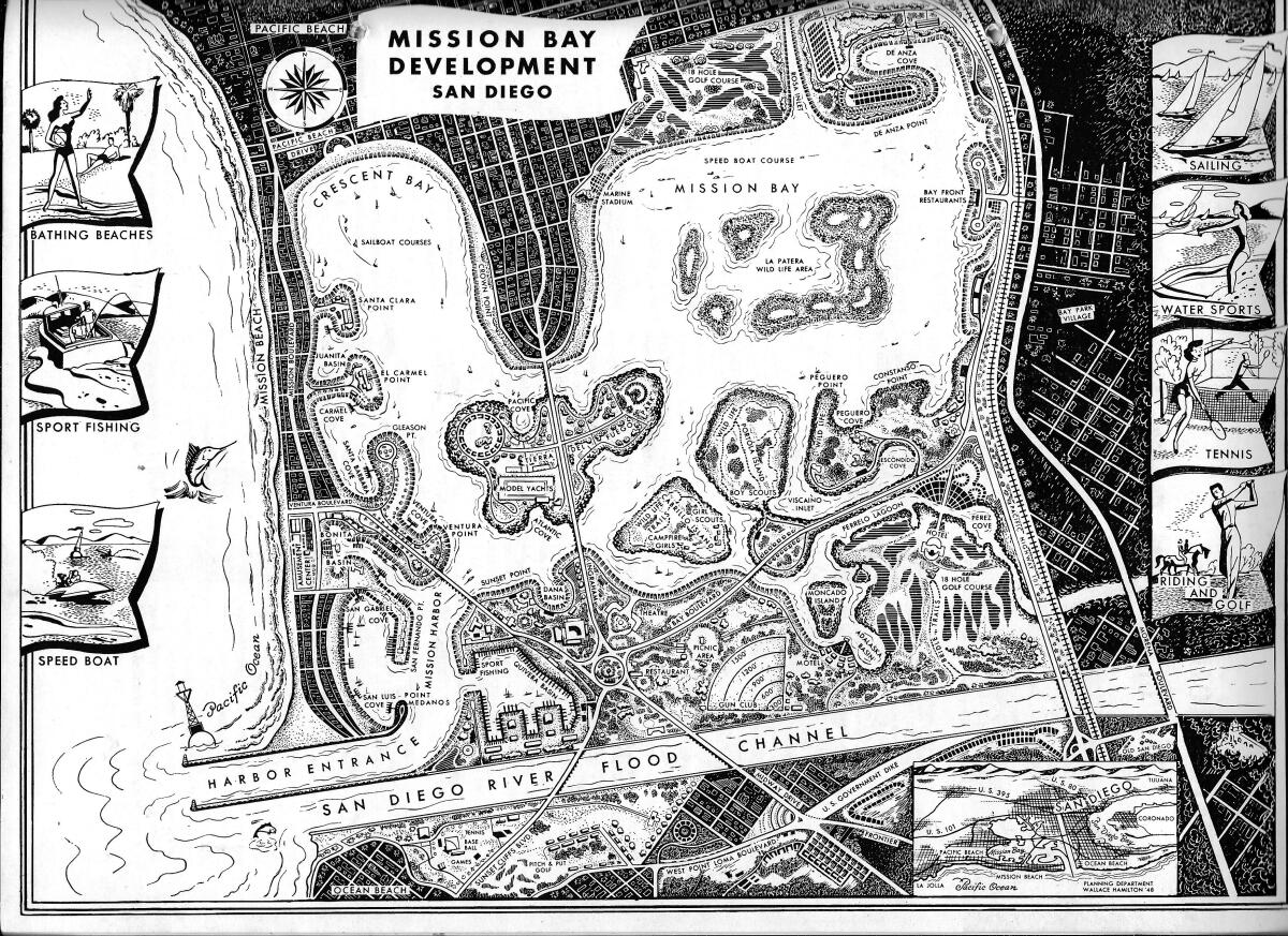 A conceptual drawing depicts plans for the development of Mission Bay, circa 1948. 