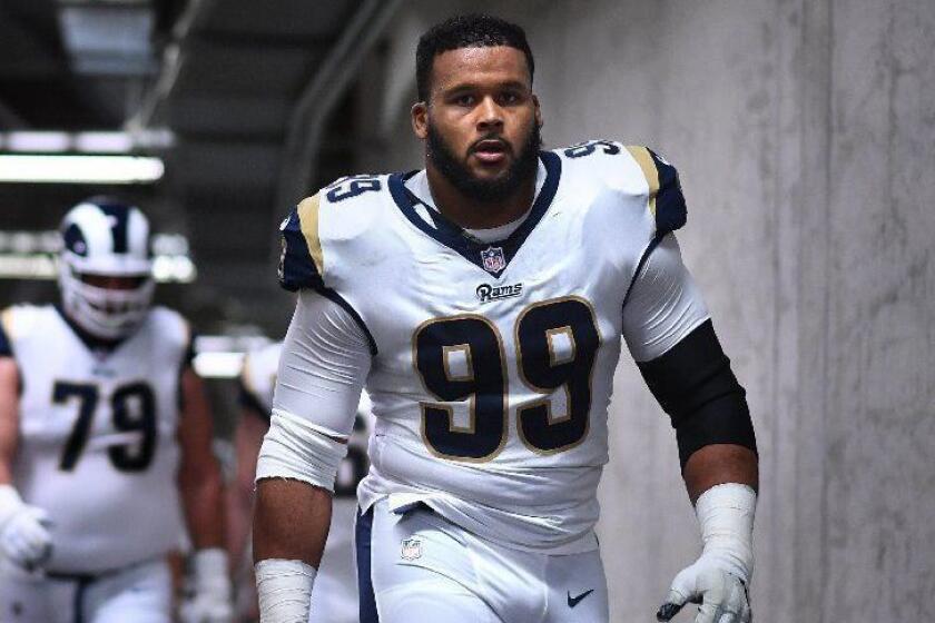 DETROIT, MICHIGAN DECEMBER 2, 2018-Rams defensive tackle Aaron Donald walsk through the tunnel at Ford Field in Detroit Sunday. (Wally Skalij/Los Angeles Times)