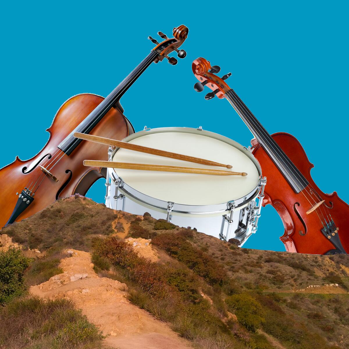 Photo illustration of musical instruments on a hillside.