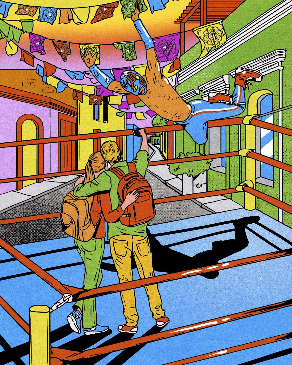 An illustration of tourists taking a photo in a lucha libre ring