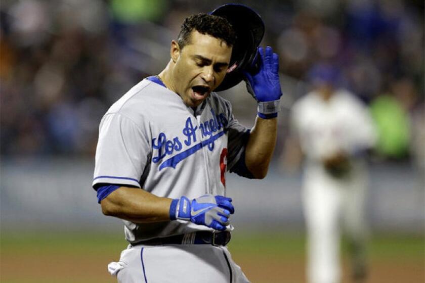 The Dodgers' Jerry Hairston Jr. reacts after grounding out against the New York Mets.