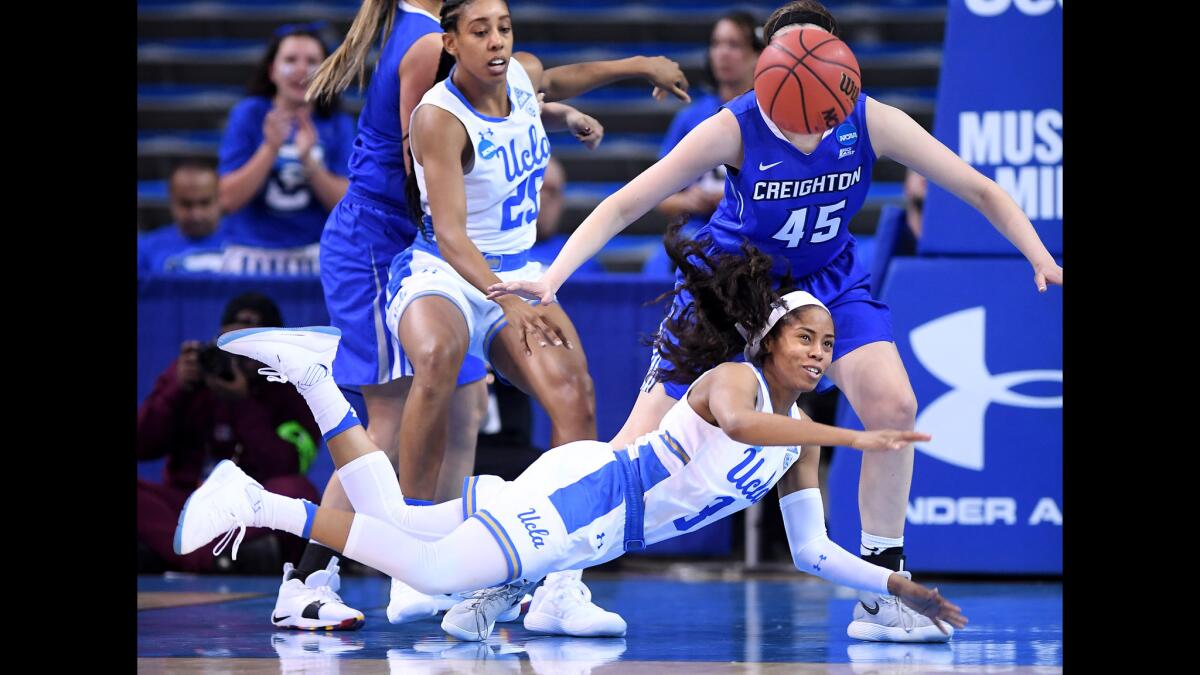 UCLA's Jordin Canada gets a pass off despite tripping against Creighton's Audrey Faber.