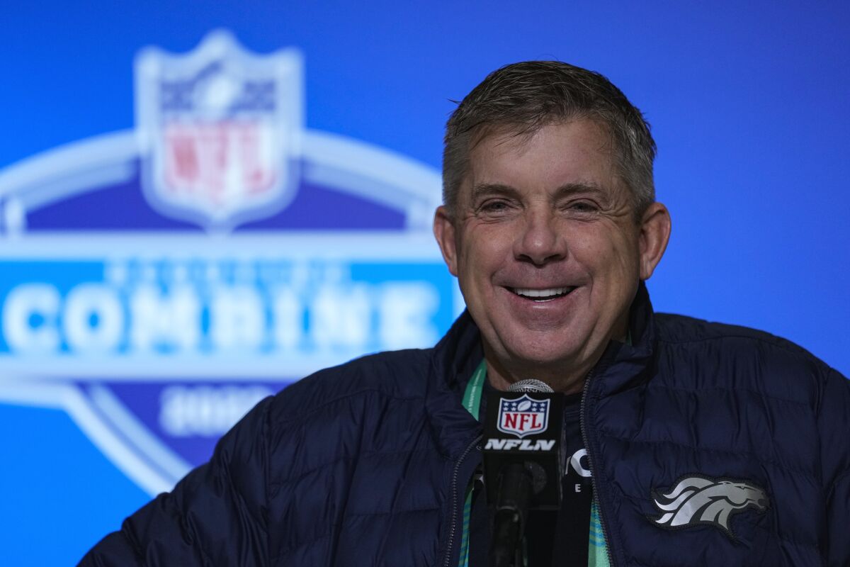 Denver Broncos head coach Sean Payton speaks during a press conference at the NFL football scouting combine in Indianapolis, Tuesday, Feb. 28, 2023. (AP Photo/Michael Conroy)