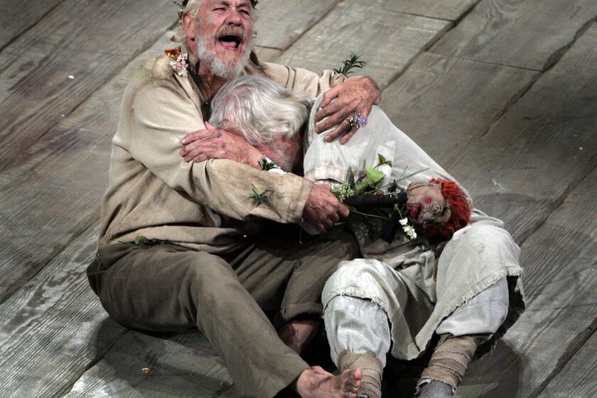 Ho, Lawrence K. –– – 129488.CA.1019.LEAR.1.LKH Royal Shakespeare Company production of King Lear at Royce Hall. Sir Ian McKellen as King Lear and William Gaunt as Earl of Gloucester in the play.