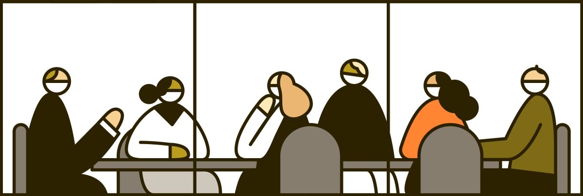 An illustration of a group of masked people around a conference table.