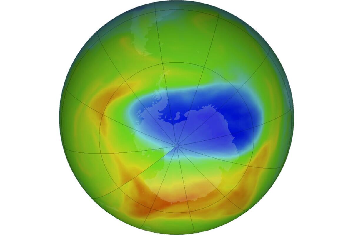 Foto tomada el 20 de octubre del 2019 del hueco en la capa de ozono sobre la Antártida. Foto suministrada por la NASA. (Goddard Space Flight Center/NASA via AP)