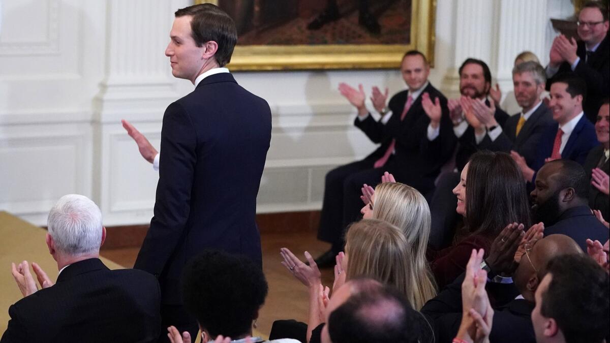 Jared Kushner stands to acknowledge applause during a First Step Act celebration in Washington on April 1.