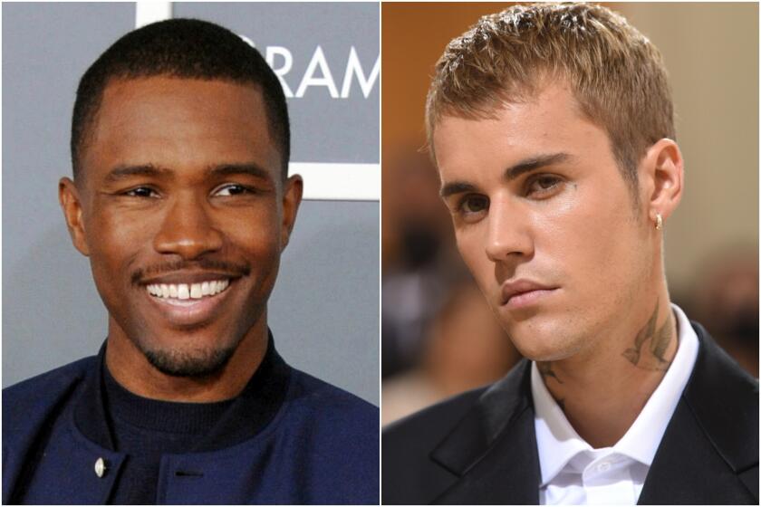 A split image of Frank Ocean smiling in a blue jacket and Justin Bieber posing in a black suit