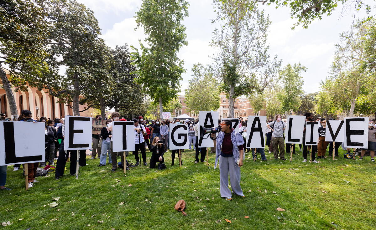 Pro-Palestinian demonstrators at USC on Wednesday, April 24, 2024 in Los Angeles, CA.