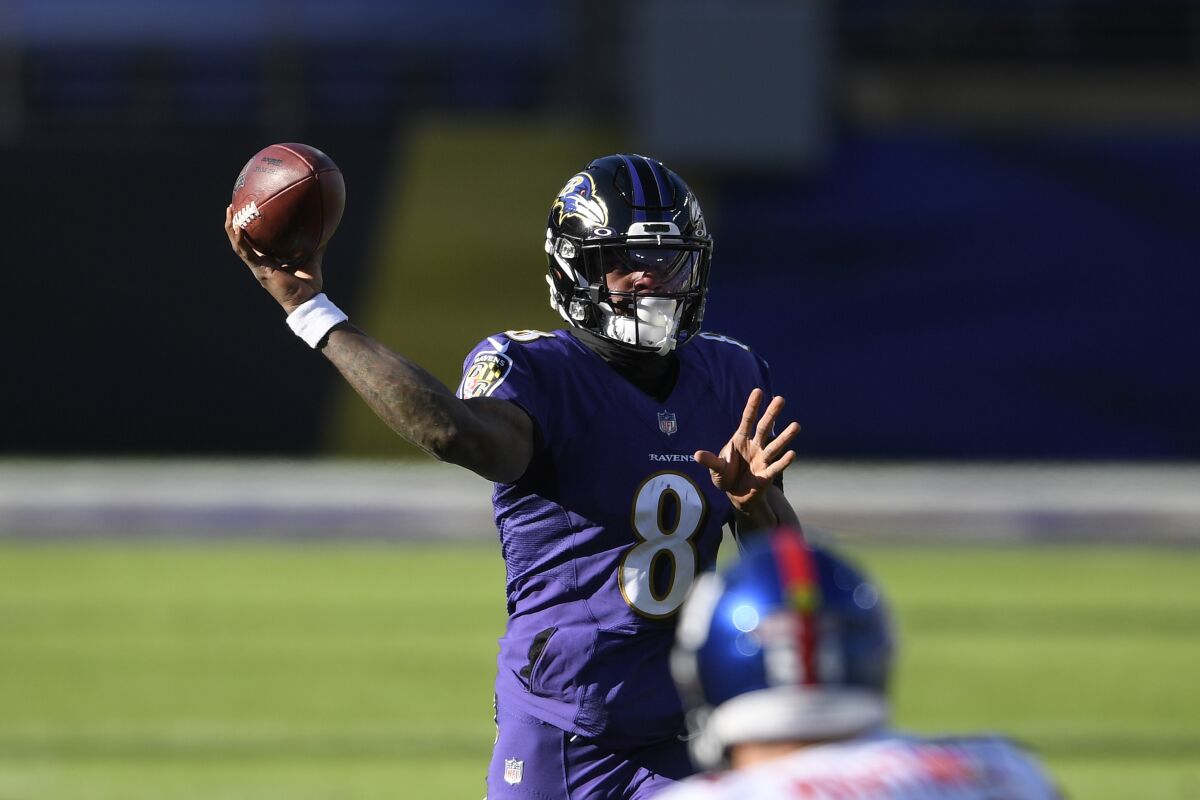 Baltimore Ravens quarterback Lamar Jackson passes against the New York Giants on Dec. 27.