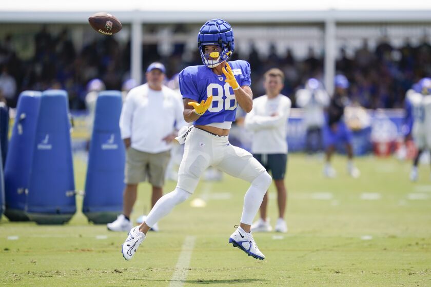 Los Angeles Rams tight end Brycen Hopkins (88) participates in drills at the NFL football team's practice facility in Irvine, Calif. Friday, July 29, 2022. (AP Photo/Ashley Landis)