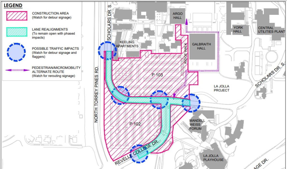 A map shows areas to be affected during construction of the UC San Diego Theatre District Living and Learning Neighborhood.