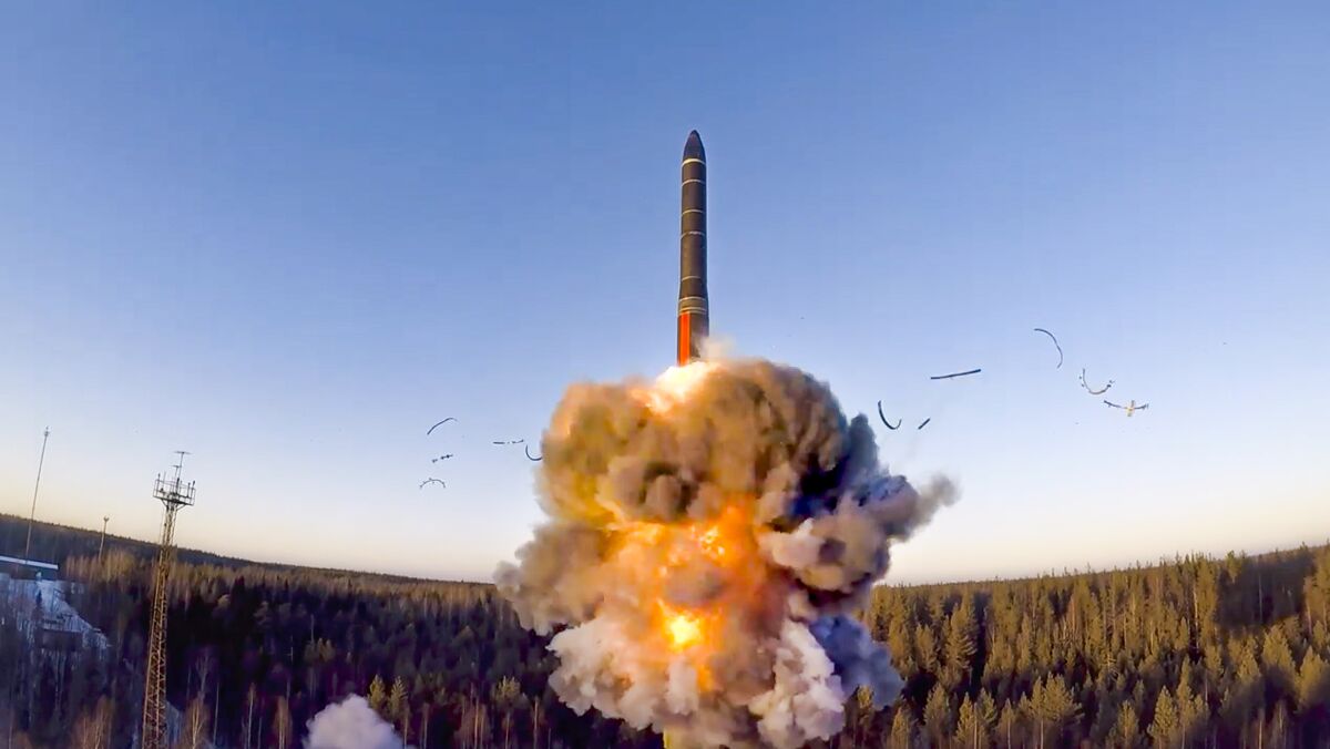 FILE - In this file photo taken from a video distributed by Russian Defense Ministry Press Service, on Wednesday, Dec. 9, 2020, a rocket launches from missile system as part of a ground-based intercontinental ballistic missile test launched from the Plesetsk facility in northwestern Russia. A Swedish arms watchdog says the world’s stockpiles of nuclear weapons are expected to increase in coming years after declining since the end of the Cold War. (Russian Defense Ministry Press Service via AP, File)
