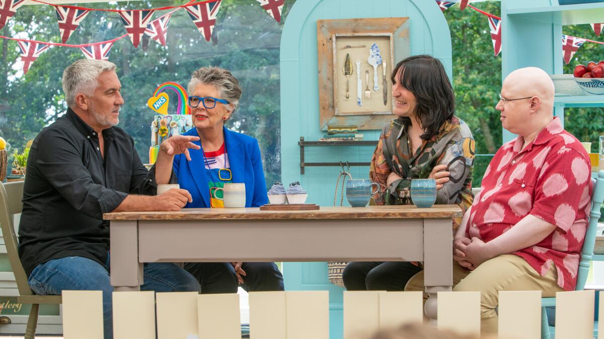 Judges Paul Hollywood and Prue Leith with hosts Noel Fielding and Matt Lucas in "The Great British Baking Show."