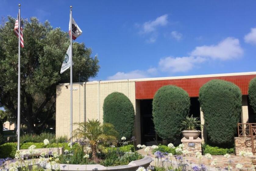 Photo of municipal building blue sky and clouds in background and two flag poles in foreground flying U.S. and California flags and a Tree City USA flag.