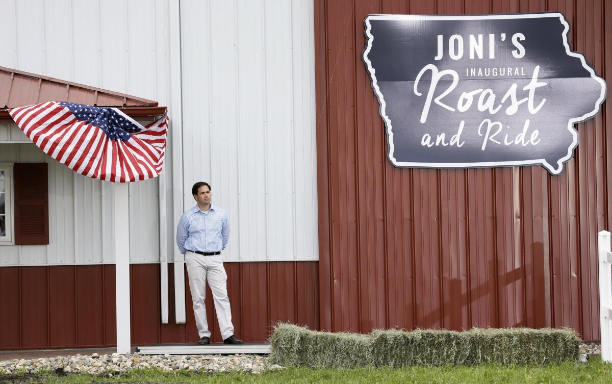 Republican presidential candidate Marco Rubio waits to speak at a June 6 fundraiser for Sen. Joni Ernst in Boone, Iowa.