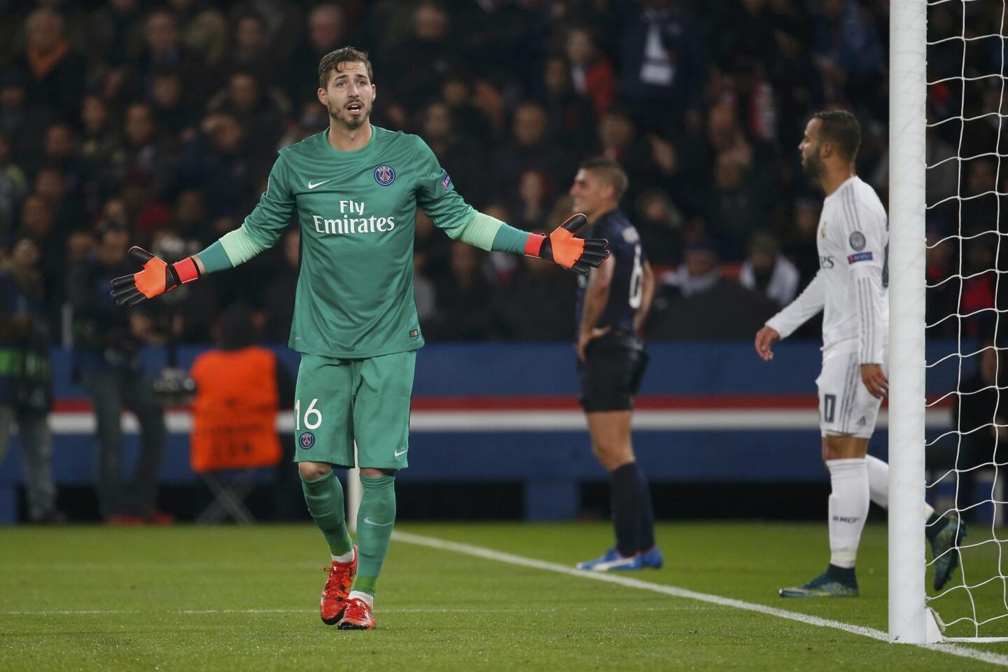 Paris Saint Germain's goalkeeper Kevin Trapp reacts during their Champions League Group A soccer match against Real Madrin at the Parc des Princes stadium in Paris