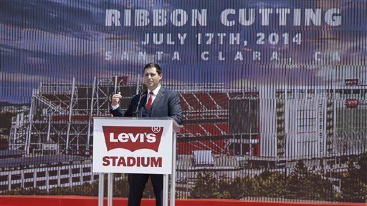 San Francisco 49ers Chief Executive Jed York, a member of the billionaire DeBartolo family that owns the team, speaks before the ribbon-cutting of Levi's Stadium in Santa Clara.