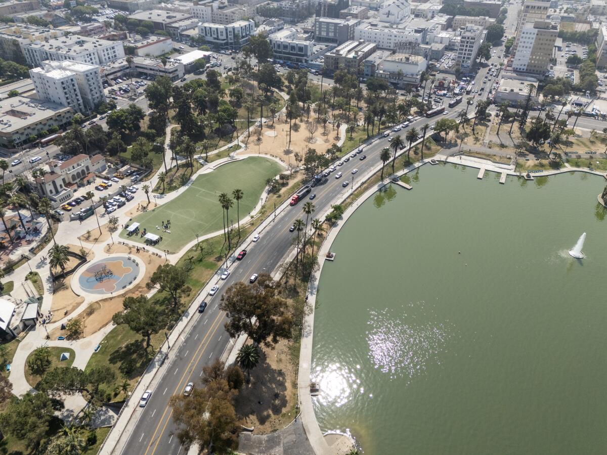 An aerial view of Wilshire Boulevard in MacArthur Park