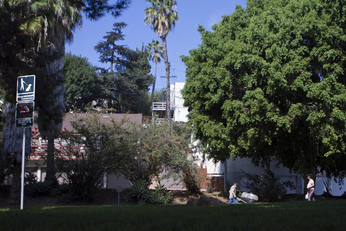Before reaching the Music Box Steps, hang out at the Laurel and Hardy Park on Vendome Street and Del Monte in Los Angeles' Silver Lake neighborhood.