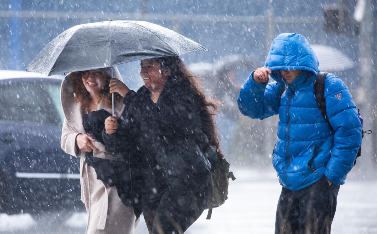 Two pedestrians shield themselves from the rain with umbrellas and another with a hooded jacket