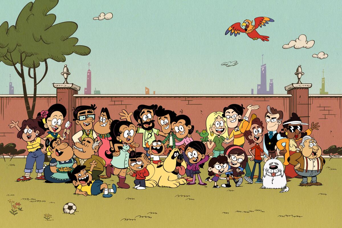 A large cartoon family gathering in a park backed by a brick wall